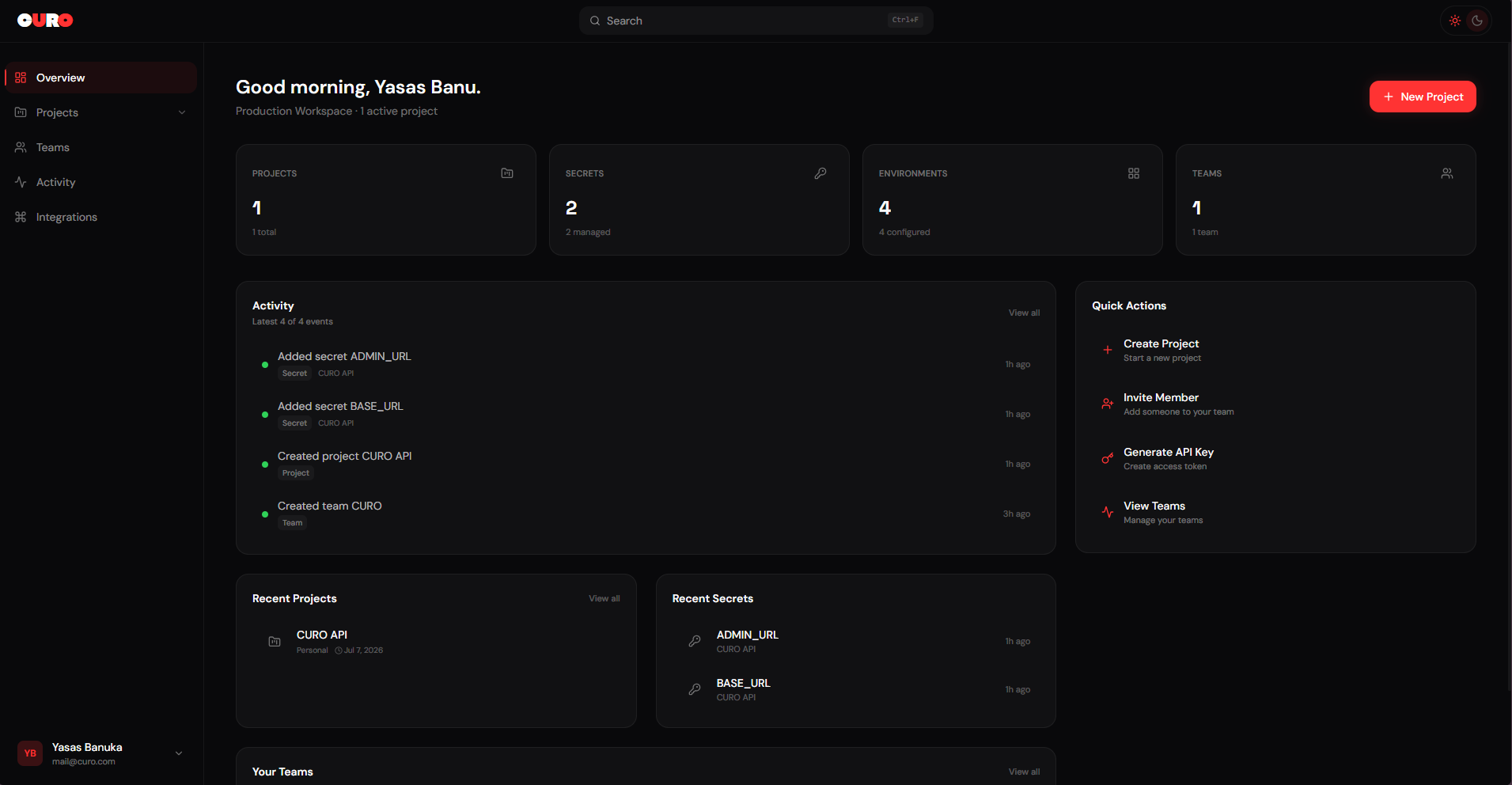 Curo dashboard preview