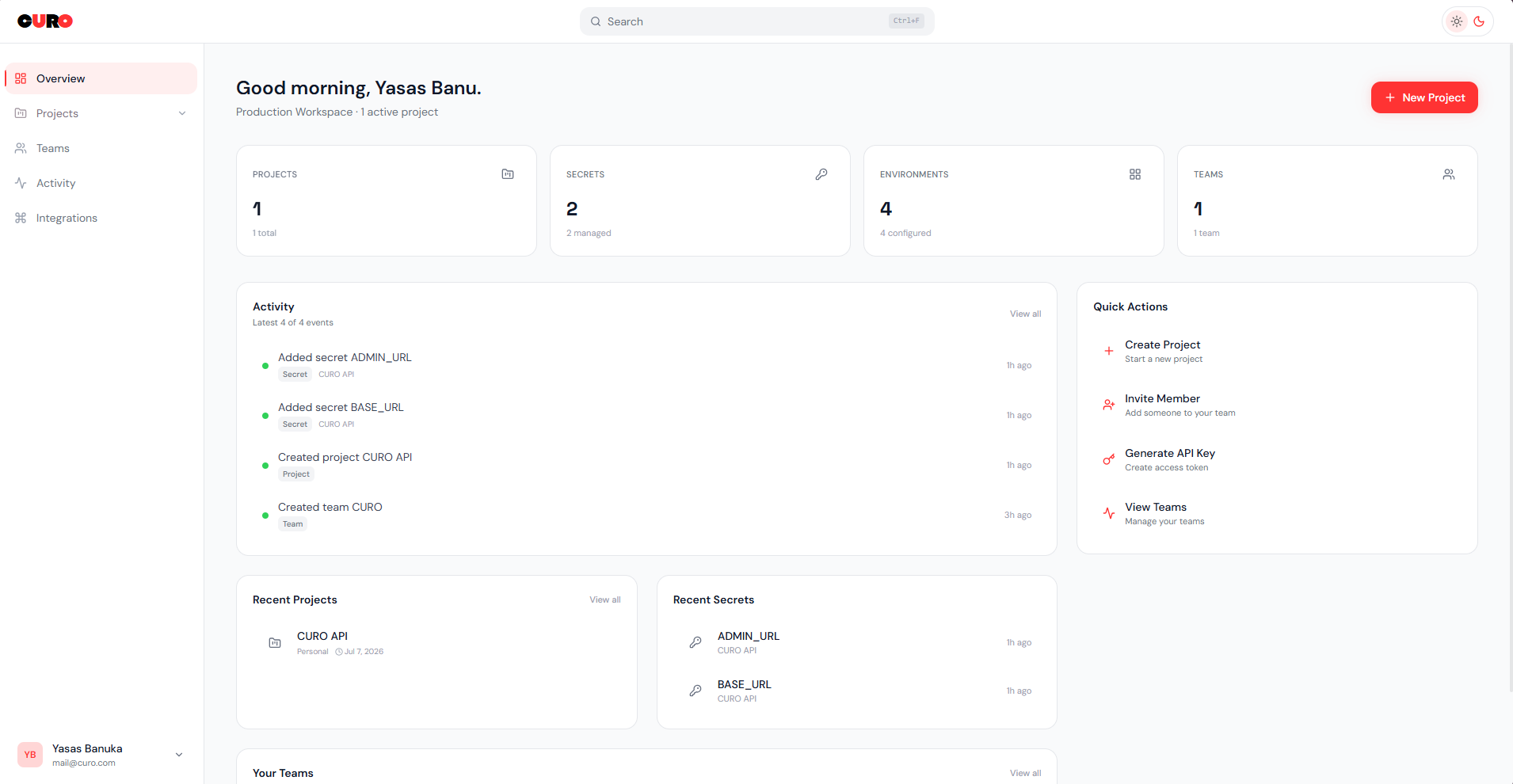 Curo dashboard preview